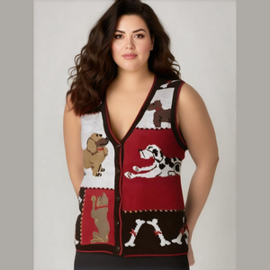 Vintage Sweater Vest L Cardigan Animals Dogs Dachsund Dalmation Scottie Mastiff